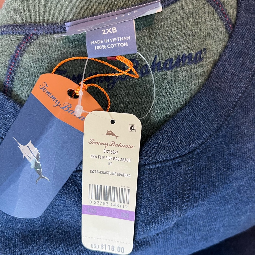 Tommy Bahama Men's Heathered Blue and Gray Crewneck Sweater Reversible